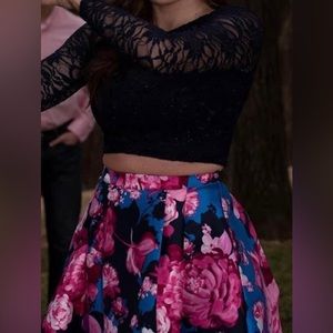 navy blue long sleeve lace w/ matching pink floral skirt prom/homecoming dress